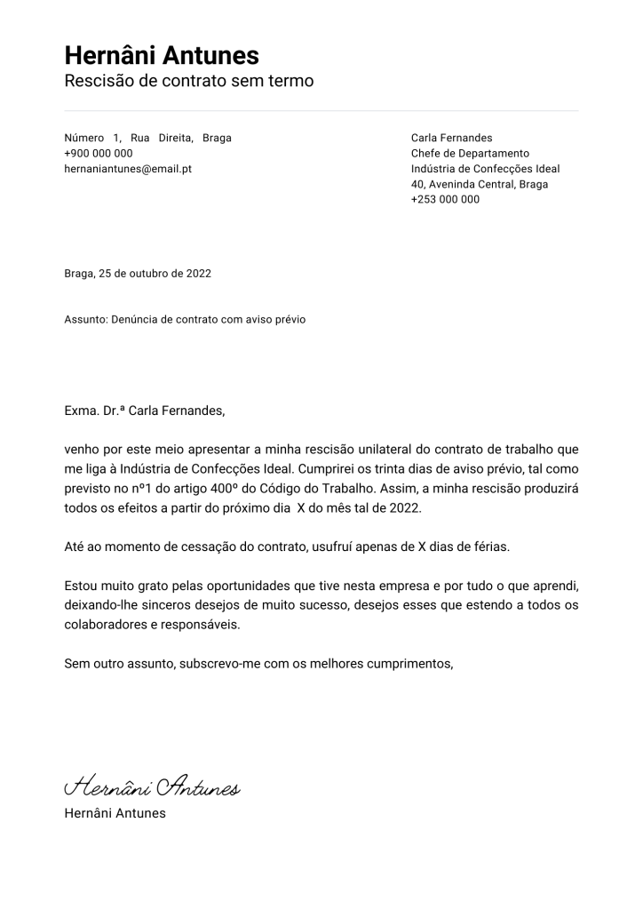 Exemplo de Carta de Despedimento