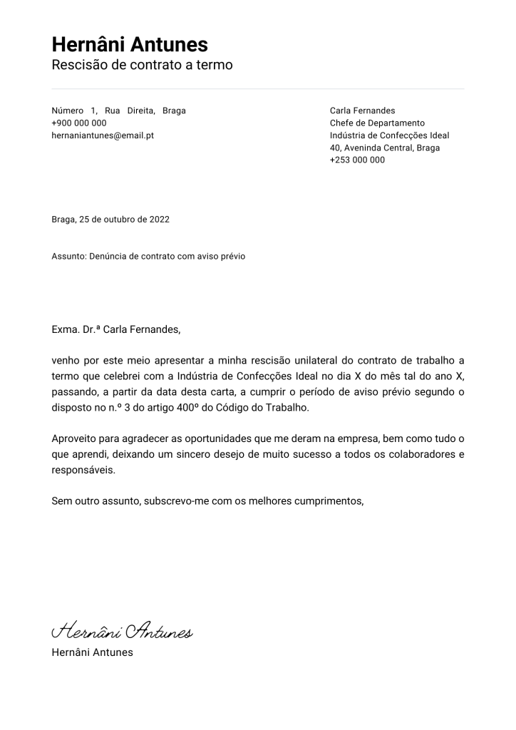 Exemplo de Carta de Despedimento