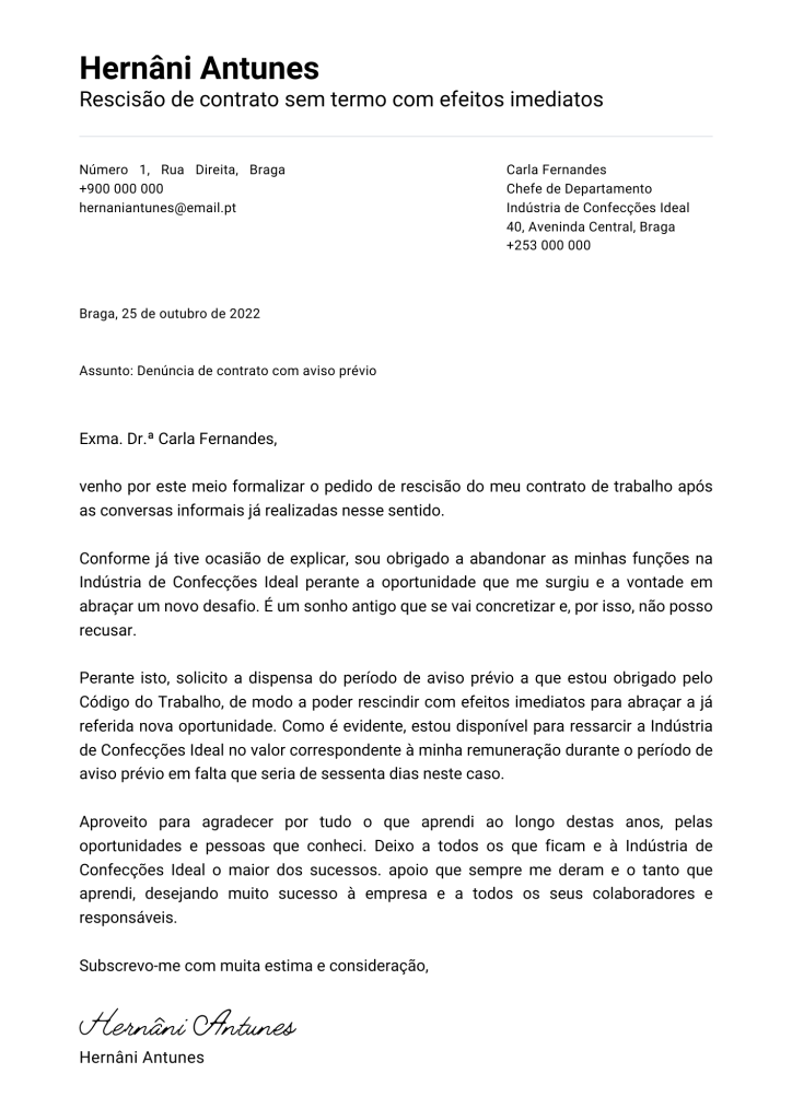 Exemplo de Carta de Despedimento